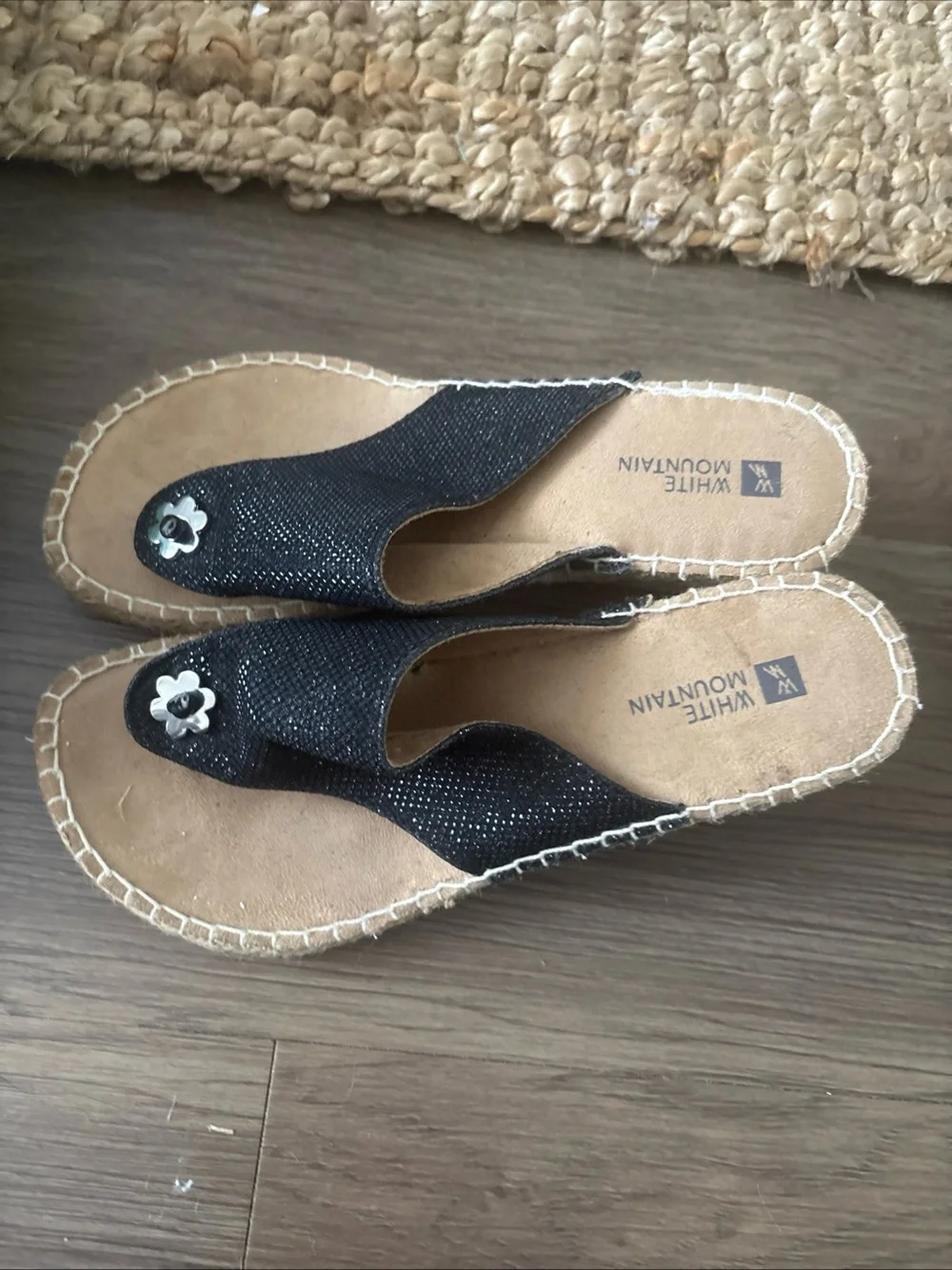 Mountain Lake Black Espadrille Thong Sandals with Flower Accent